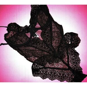 NWT Victoria's Secret 32C TEDDY one-piece BODYSUIT black LACE cutout